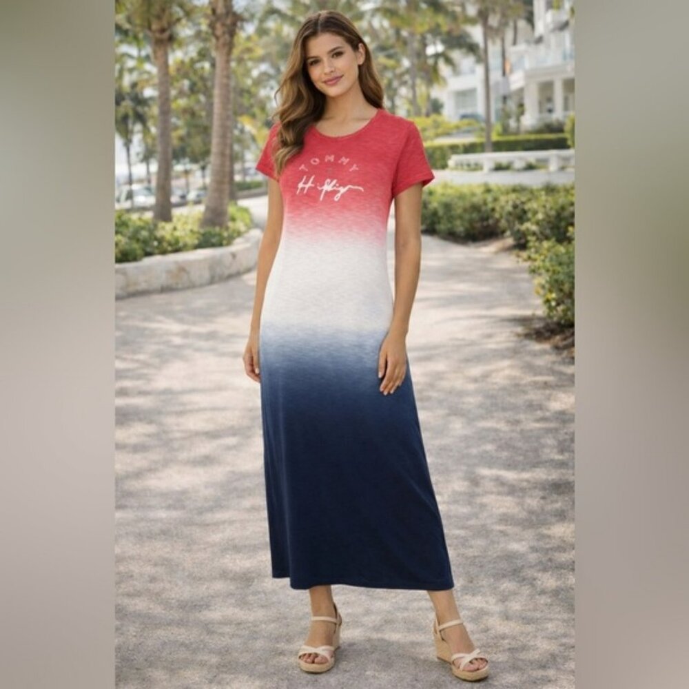 Tommy Hilfiger Maxi XS Red White Blue Hombre Dress Short Sleeve Cotton Blend NWT